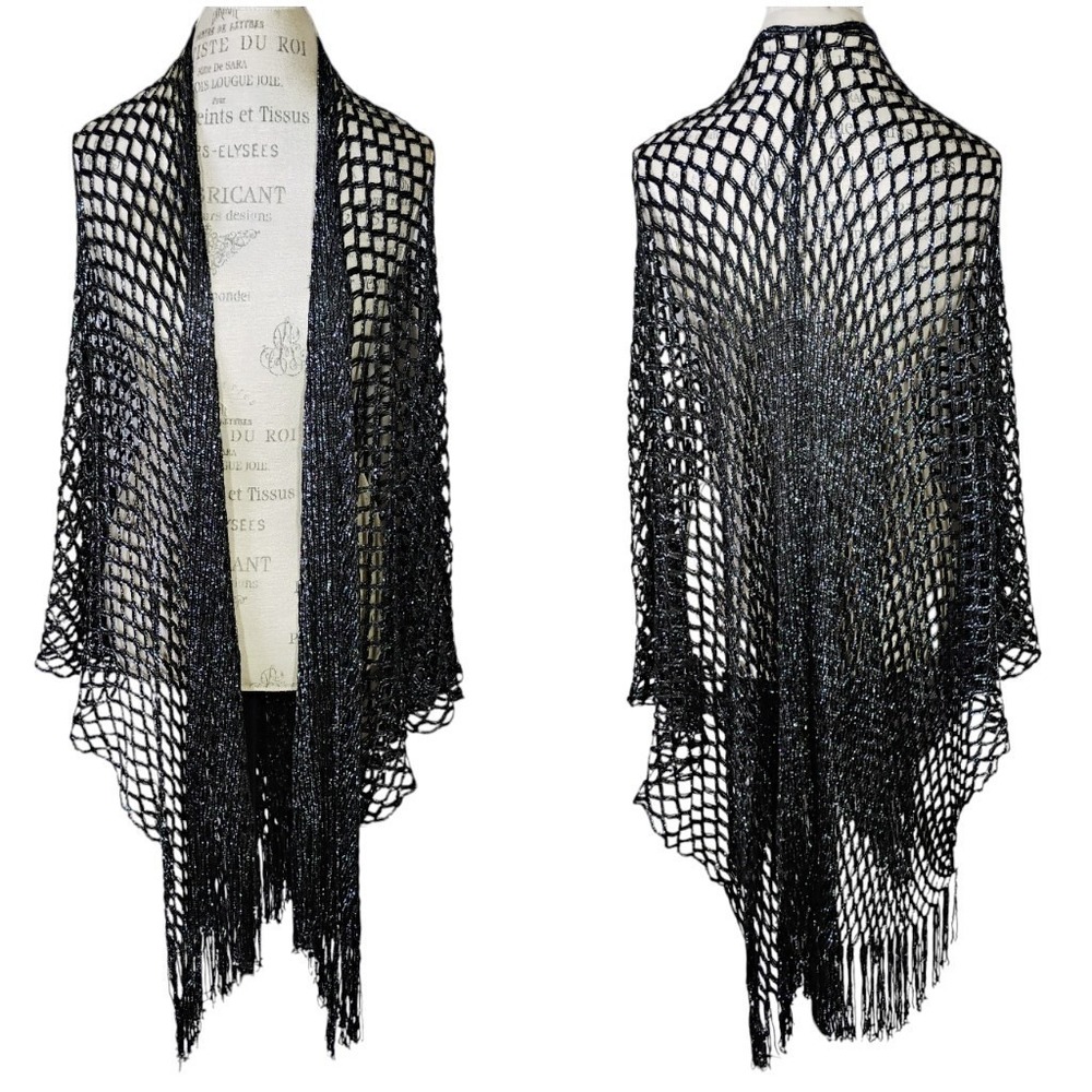 Chicos Open Knit Cardigan Women One Size Black Metallic Fringe Bohemian Festival